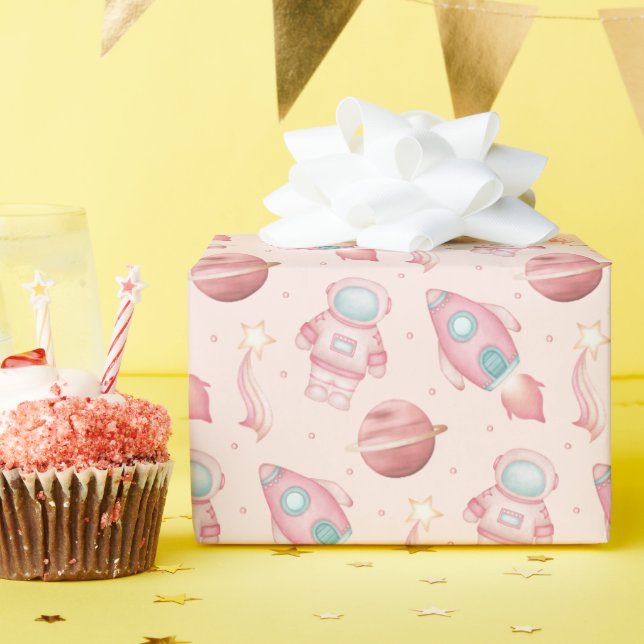 Papel De Presente Meninas Fofas Espaço Aniversário Astronauta Rosa (Festa de aniversário)