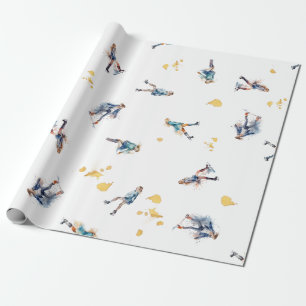 Papel De Presente Meninas Ice Skating, Hockey Blue Dourado Padrão