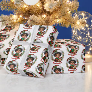 Papel De Presente Menino Afro-Americano Fofo & Cachorrinho Natal
