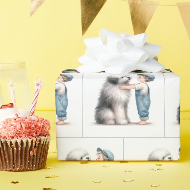 Papel De Presente Menino de Aquarela e Seu Cachorro (Festa de aniversário)
