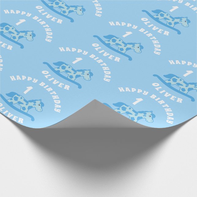 Papel De Presente Menino de Cavalinho de Balanço Azul Fofo de 1º Ani (Ponta)