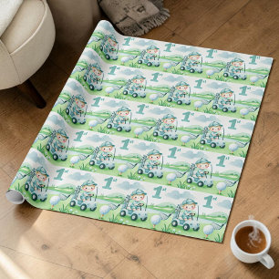 Papel De Presente Menino de Golfe de 1º Aniversário Aquarela