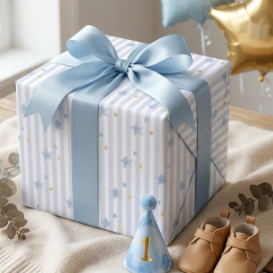 Papel De Presente Menino Faixa Estrela Dourada Azul Primeiro Anivers