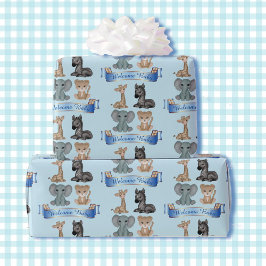 Papel De Presente Menino Menino Zoológico Azul Adicionar Nome Giraff