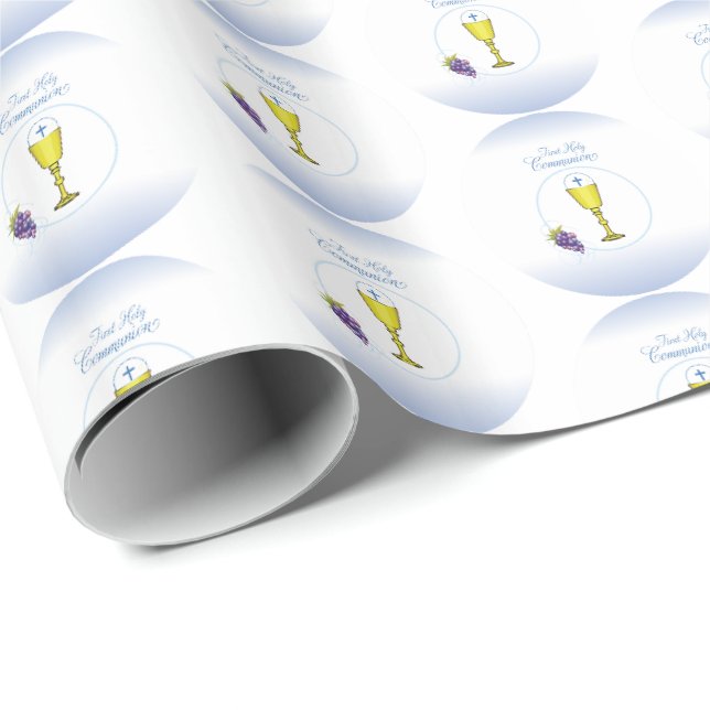 Papel De Presente Menino Primeira Comunhão, Cálice com Hóstia e Uvas (Ponta do rolo)