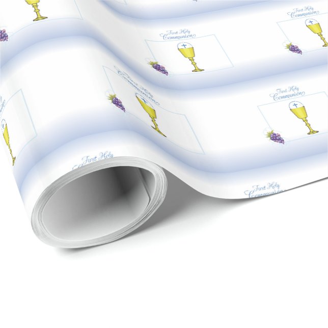 Papel De Presente Menino Primeira Comunhão, Cálice com Hóstia e Uvas (Ponta do rolo)