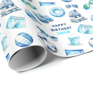 Papel De Presente Meninos de Aquarela Festa na Piscina Verão