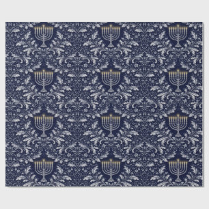 Papel De Presente Menorá Azul-Marinho Fundo Padrão William Morris