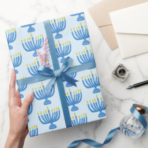 Papel De Presente Menorá Botânica de Hanukkah Aquarela Azul