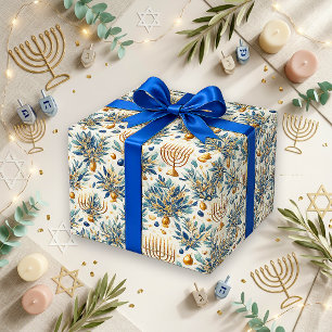 Papel De Presente Menorá de Aquarela Azul Elegante