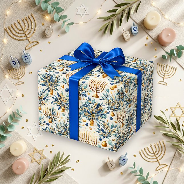 Papel De Presente Menorá de Aquarela Azul Elegante (Criador carregado)