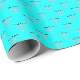 Papel De Presente Menorá de Prata de Hanukkah em Azul Água