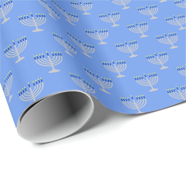 Papel De Presente Menorá de Prata de Hanukkah em Azul Centáurea (Ponta do rolo)