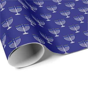 Papel De Presente Menorá de Prata de Hanukkah em Azul-Marinho