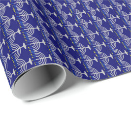 Papel De Presente Menorá de Prata de Hanukkah em Azul Marinho