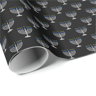 Papel De Presente Menorá de Prata de Hanukkah em Preto