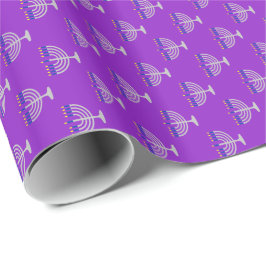 Papel De Presente Menorá de Prata de Hanukkah em Roxo