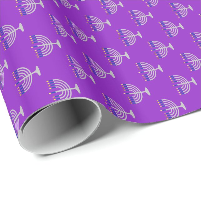 Papel De Presente Menorá de Prata de Hanukkah em Roxo (Ponta do rolo)
