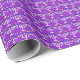 Papel De Presente Menorá de Prata de Hanukkah em Roxo