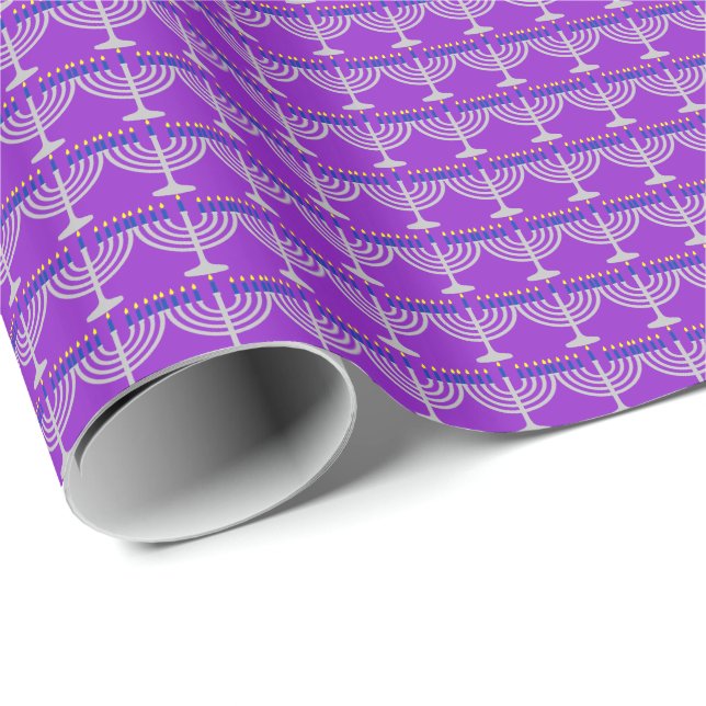 Papel De Presente Menorá de Prata de Hanukkah em Roxo (Ponta do rolo)