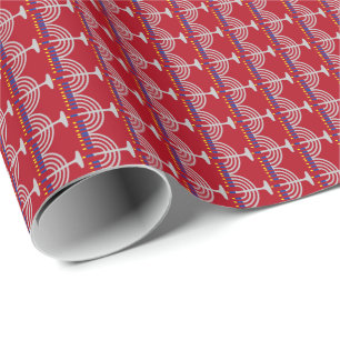 Papel De Presente Menorá de Prata de Hanukkah em Vermelho Escuro
