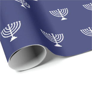 Papel De Presente Menorah judia marinho azul padrão branco Hanukkah