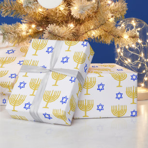 Papel De Presente Menorahs Dourados + estrelas azuis