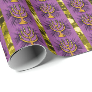 Papel De Presente Menorahs Roxo e Dourada Brilhante