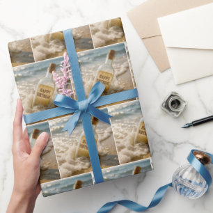 Papel De Presente Mensagem de Aniversário em uma Garrafa