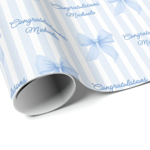 Papel De Presente Mensagem Personalizada Laços Azul Coquette Parabén