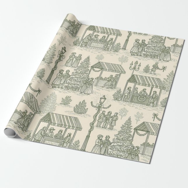 Papel De Presente Mercado de Natal Clássico Toile em Verde e Creme (Desenrolado)