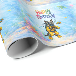 Papel De Presente Mergulhador Feliz Aniversário debaixo d'água