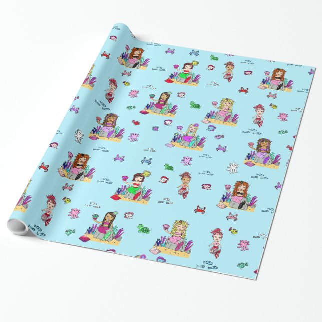 Papel De Presente Mermaid and Sea Creatures Girl's Gift Wrap (Desenrolado)