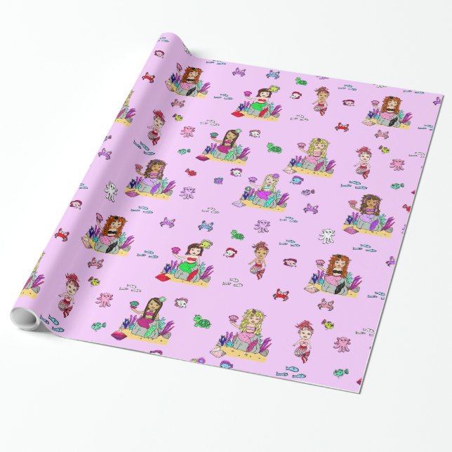 Papel De Presente Mermaid and Sea Creatures Girl's Gift Wrap (Desenrolado)