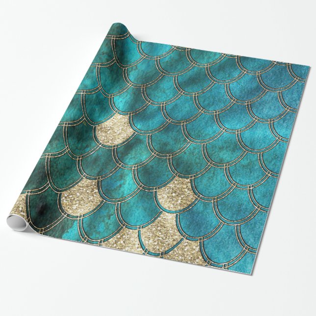 Papel De Presente Mermaidescalas verdes aqua com brilho dourado (Desenrolado)