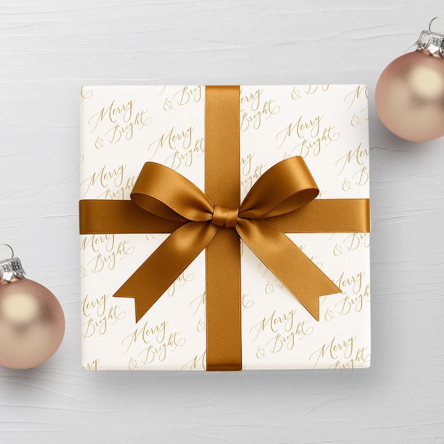 Papel De Presente Merry & Bright Gold Script Christmas (Criador carregado)