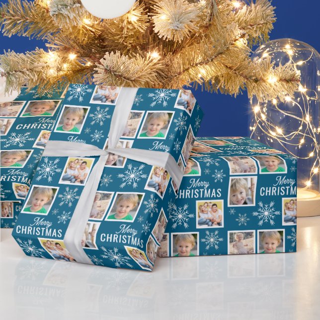 Papel De Presente Merry Christmas 4 Photos Snowflake Christmas Blue (Feriados)