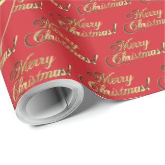 Papel De Presente Merry Christmas Gold Foil Fire Engine Red