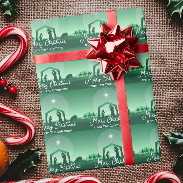 Papel De Presente Merry Christmas Nativity Scene Personalized Green (Criador carregado)