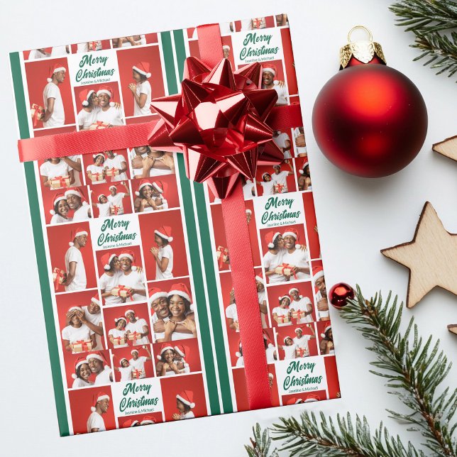 Papel De Presente Merry Christmas Photo Collage 2025 Green Script (Criador carregado)