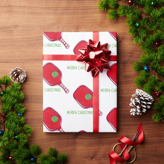Papel De Presente Merry Christmas Pickleball Red Paddle & Green Ball (Presente de Natal)