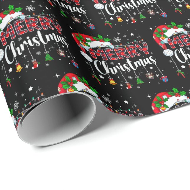 Papel De Presente Merry Christmas Red Santa Hat Reindeer Xmas Family (Ponta do rolo)