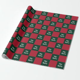 Papel De Presente Merry Christmas Script Green and Red Checkerboard