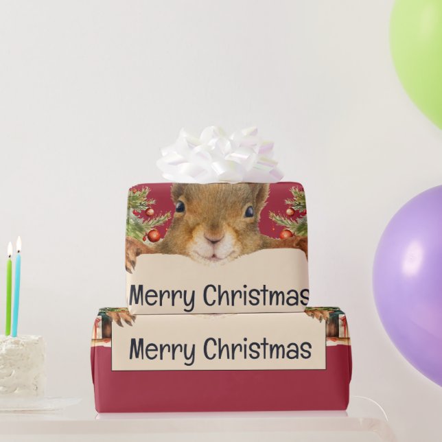 Papel De Presente Merry Christmas Squirrel Two Christmas Trees (Presentes para festas)