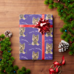 Papel De Presente Merry Christmas Yorkshire Terrier on Purple<br><div class="desc">Cute Yorkshire terrier em tonalidades prateadas e luzes de férias em fundo roxo com texto de Feliz Natal. A cor de fundo pode ser alterada.</div>