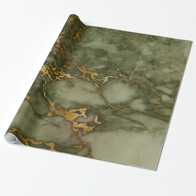 Papel De Presente Metálico de Fluido Marble Verde Dourado Hunter (Desenrolado)