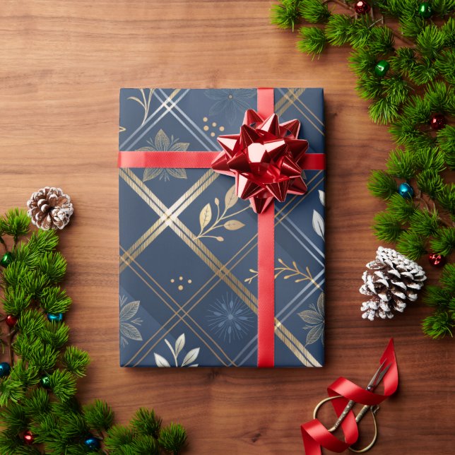 Papel De Presente Metallic Luxe Navy Plaid Christmas Wrapping Paper (Presente de Natal)
