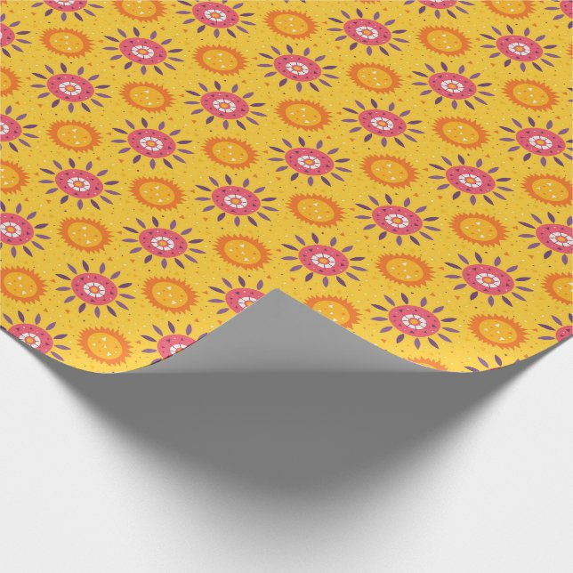 Papel De Presente México Pink Yellow Sunflower Patterno (Ponta)