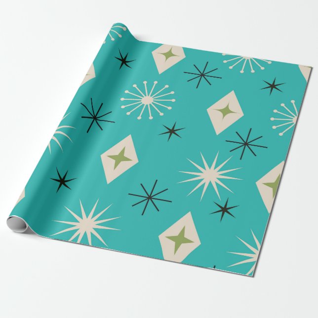 Papel De Presente Mid Century Atomic Stars with diamonds on Teal  (Desenrolado)
