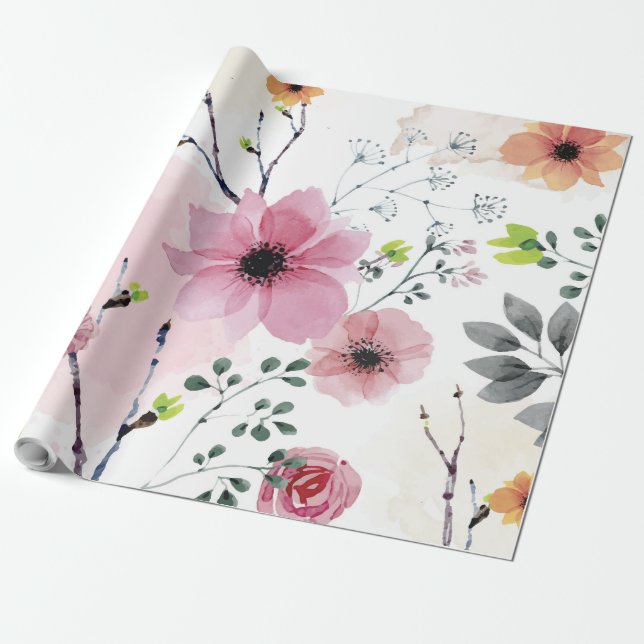 Papel De Presente Minhas Flores de Jardim (técnica de aquarela) (Desenrolado)
